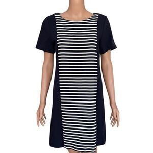 J. Crew Short Sleeve Navy Blue Stripe Panel Ponte Knit Shift Dress size 8 Cotton
